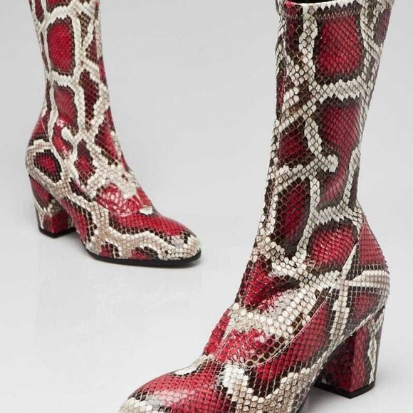 Gucci Red/Beige Python Mid Calf Boots Size 5/35.5 - Picture 1 of 5